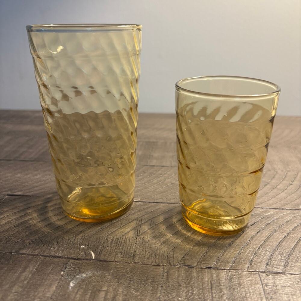 Vintage Mid Century Anchor Hocking Amber Optic Honeycomb Glass Tumbler Set of 2